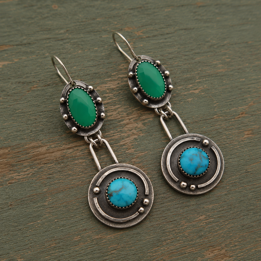 Natural Turquoise & Green Jasper Hammered Sterling Silver Artisan Earrings