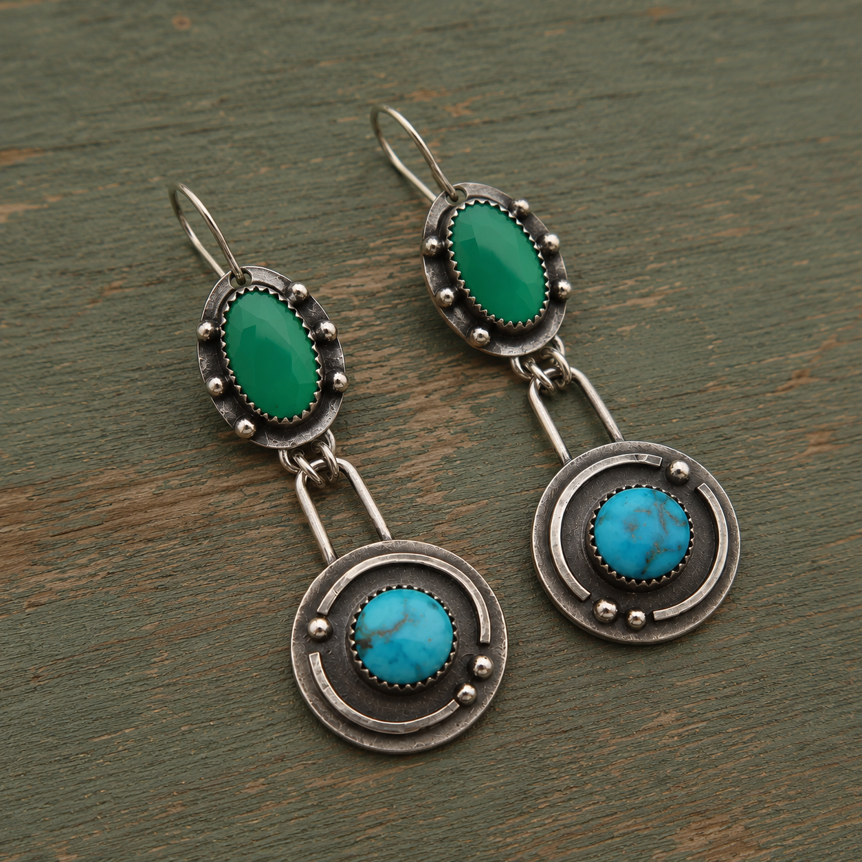 Natural Turquoise & Green Jasper Hammered Sterling Silver Artisan Earrings