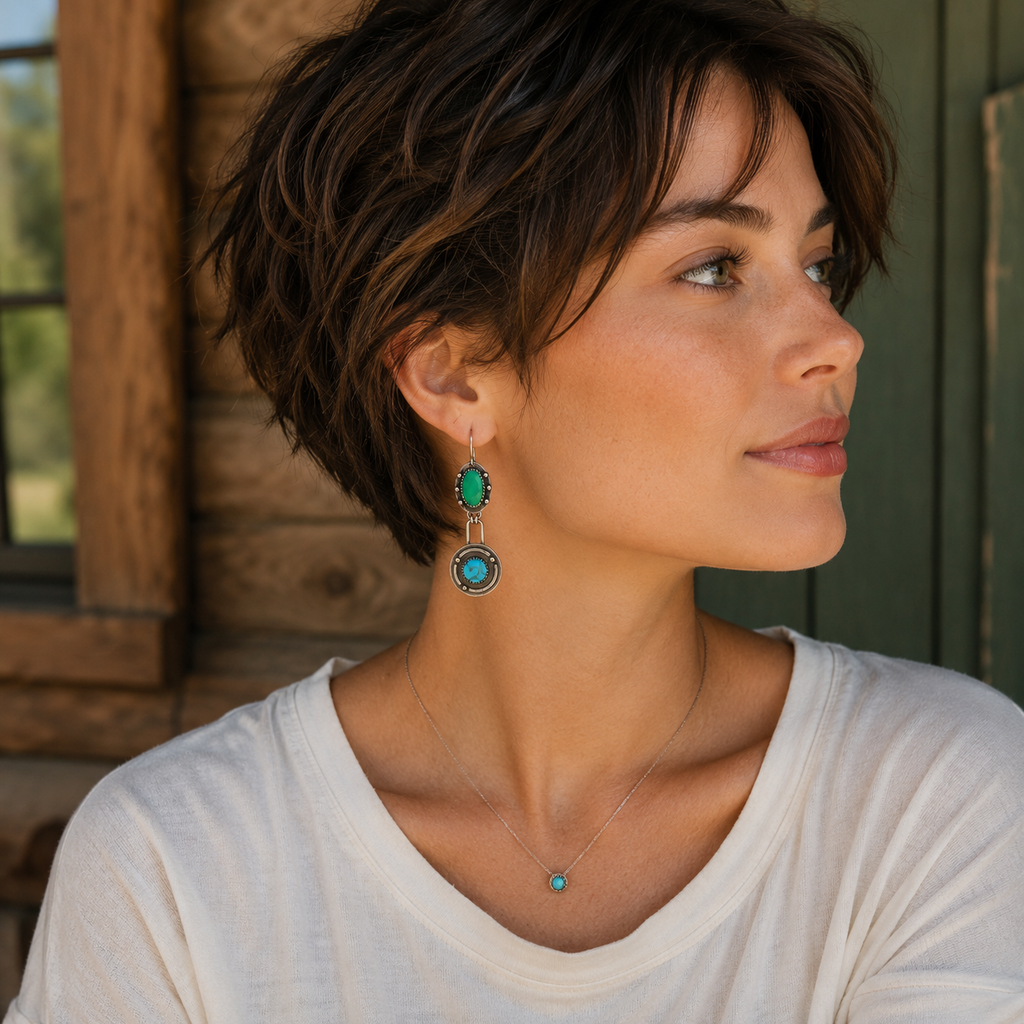 Natural Turquoise & Green Jasper Hammered Sterling Silver Artisan Earrings