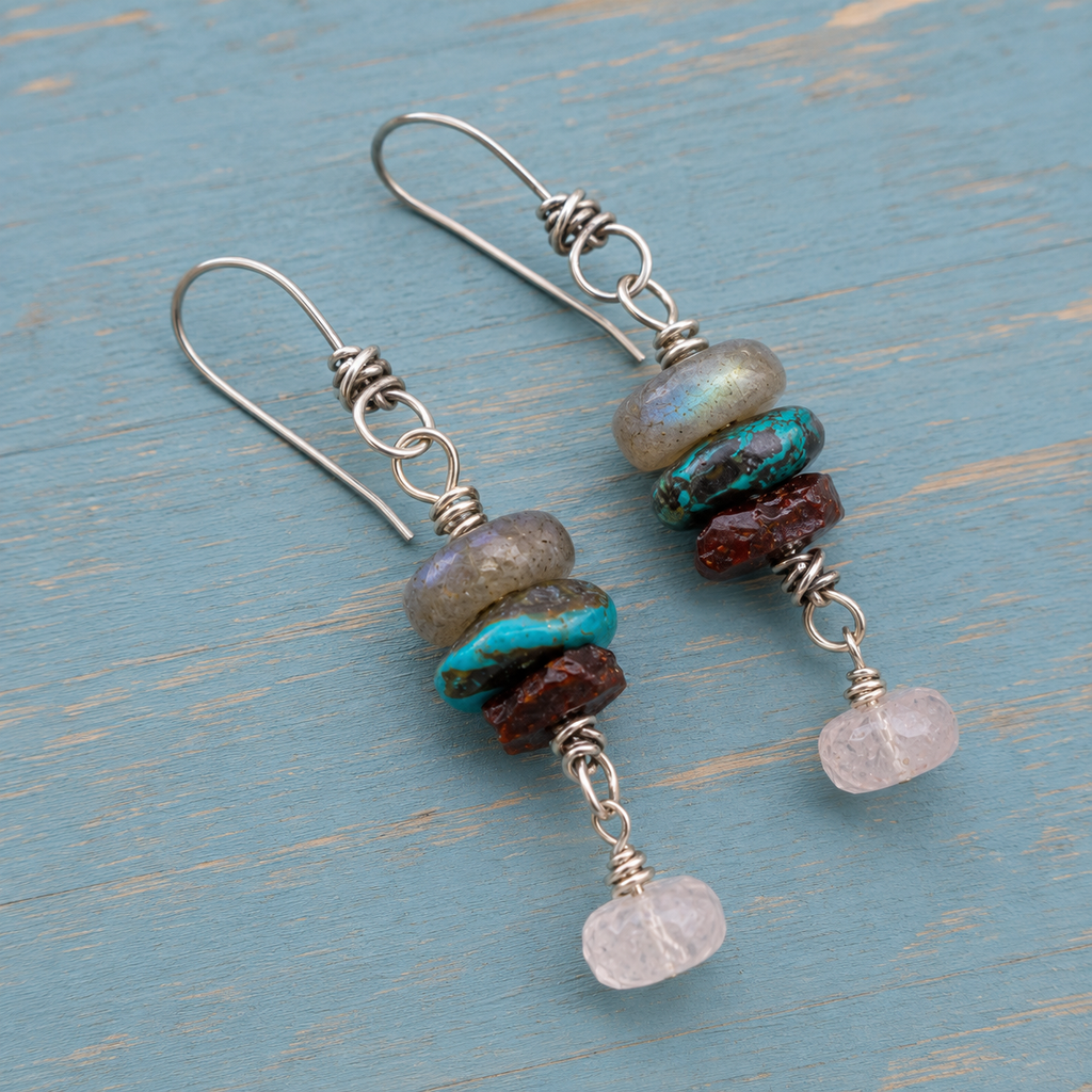 Handmade Sterling Silver Wire Wrapped Multi-Gemstone Personalized Drop Earrings