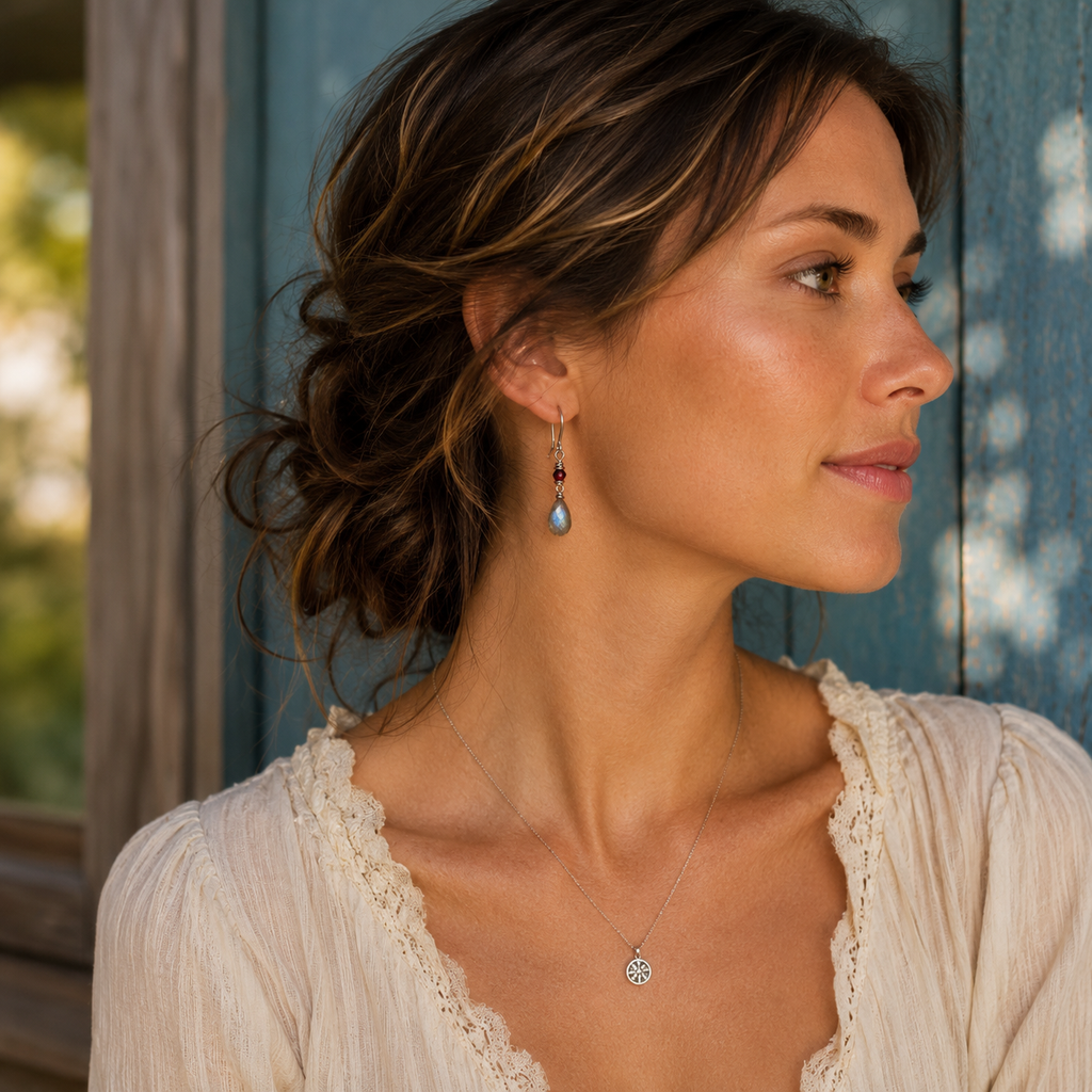 Natural Labradorite and Garnet Artisan Sterling Silver Earrings