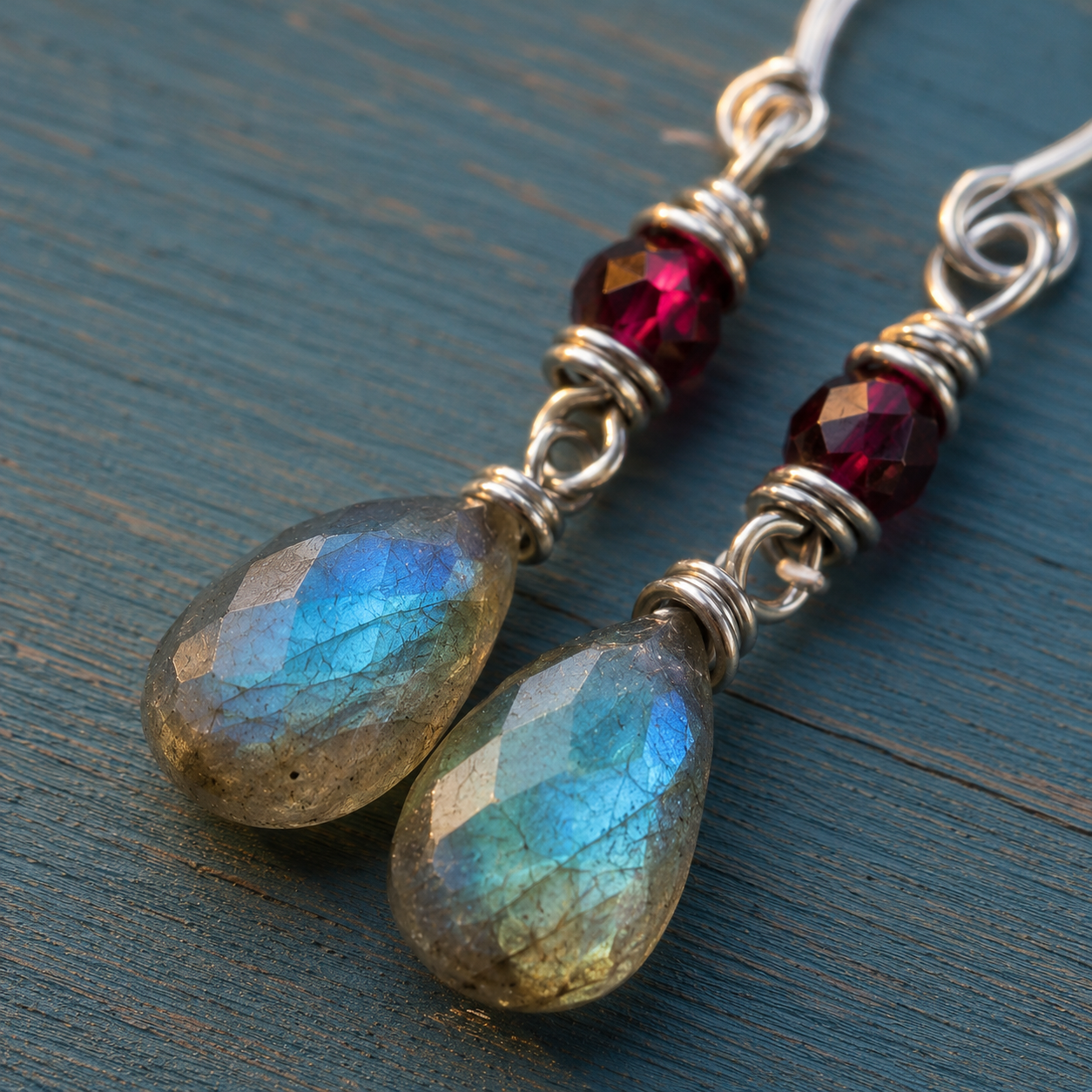 Natural Labradorite and Garnet Artisan Sterling Silver Earrings