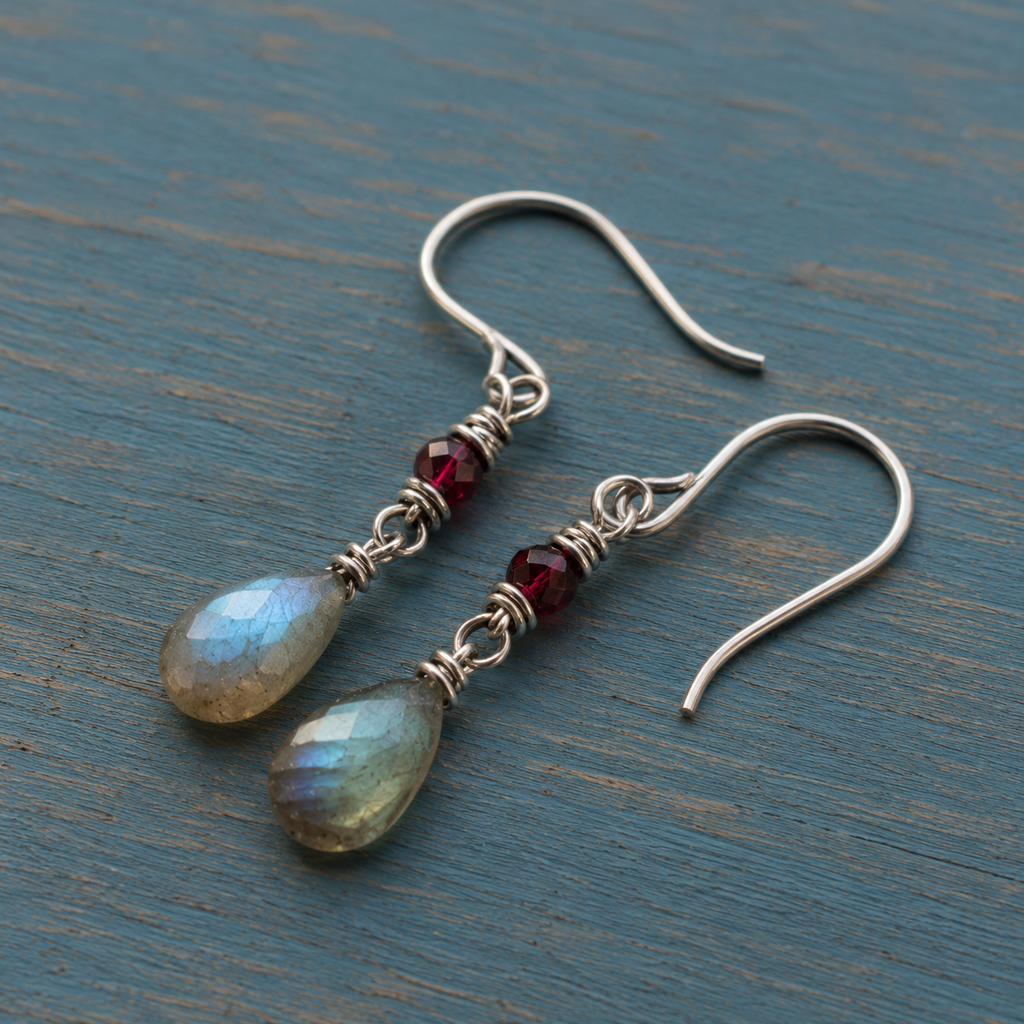 Natural Labradorite and Garnet Artisan Sterling Silver Earrings