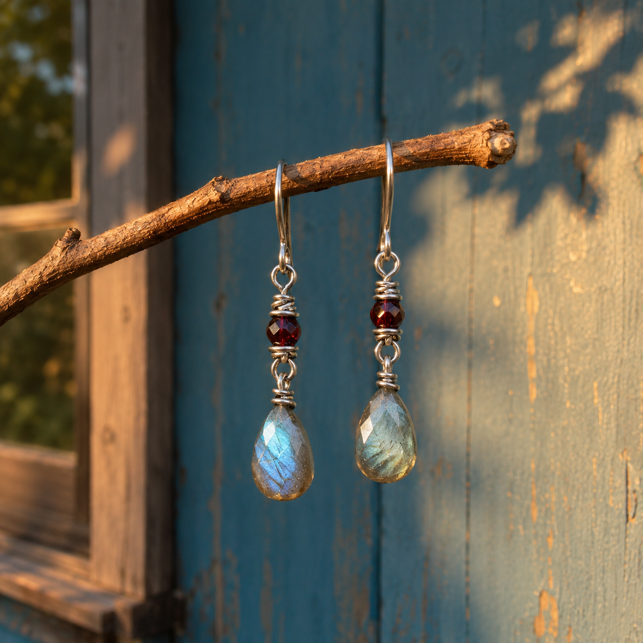 Natural Labradorite and Garnet Artisan Sterling Silver Earrings