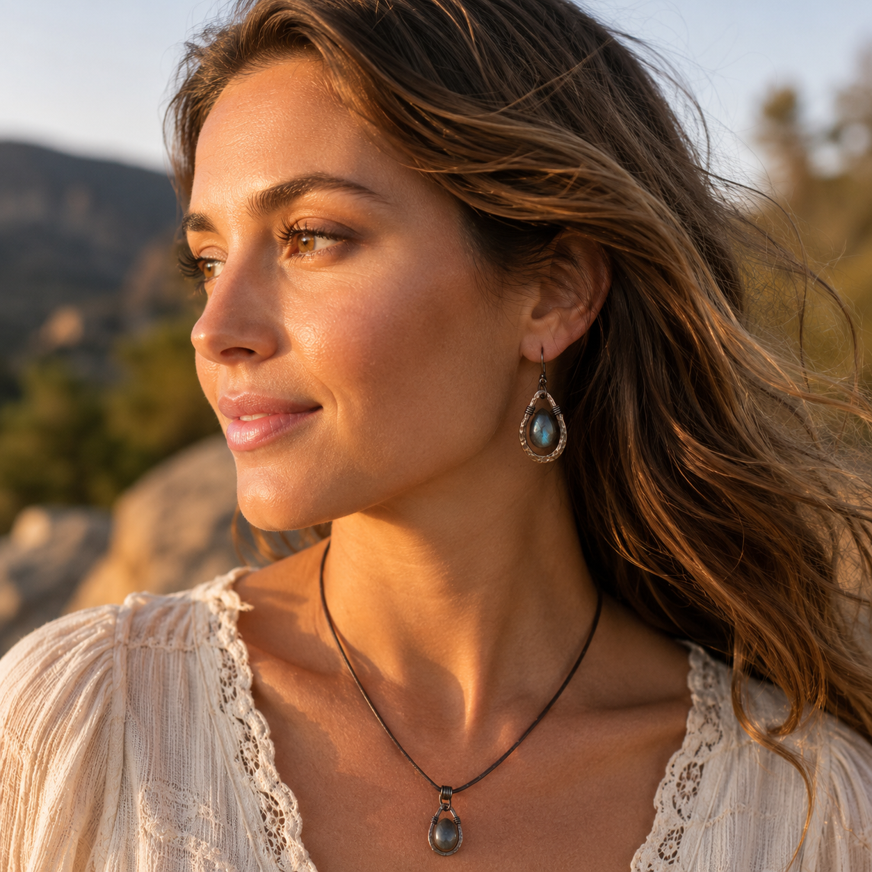 Natural Labradorite Hammered Copper Artisan Earrings