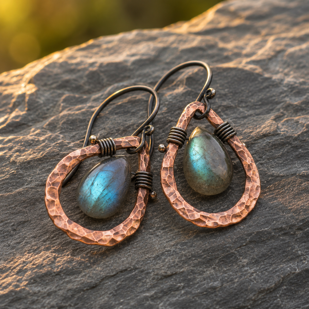 Natural Labradorite Hammered Copper Artisan Earrings
