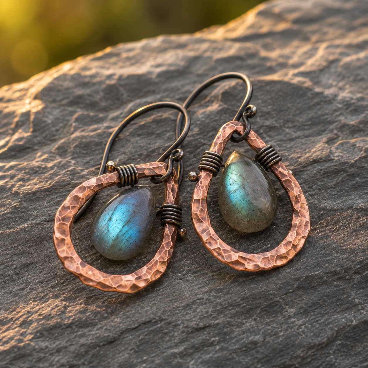 Natural Labradorite Hammered Copper Artisan Earrings