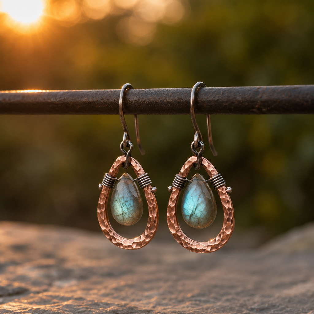 Natural Labradorite Hammered Copper Artisan Earrings