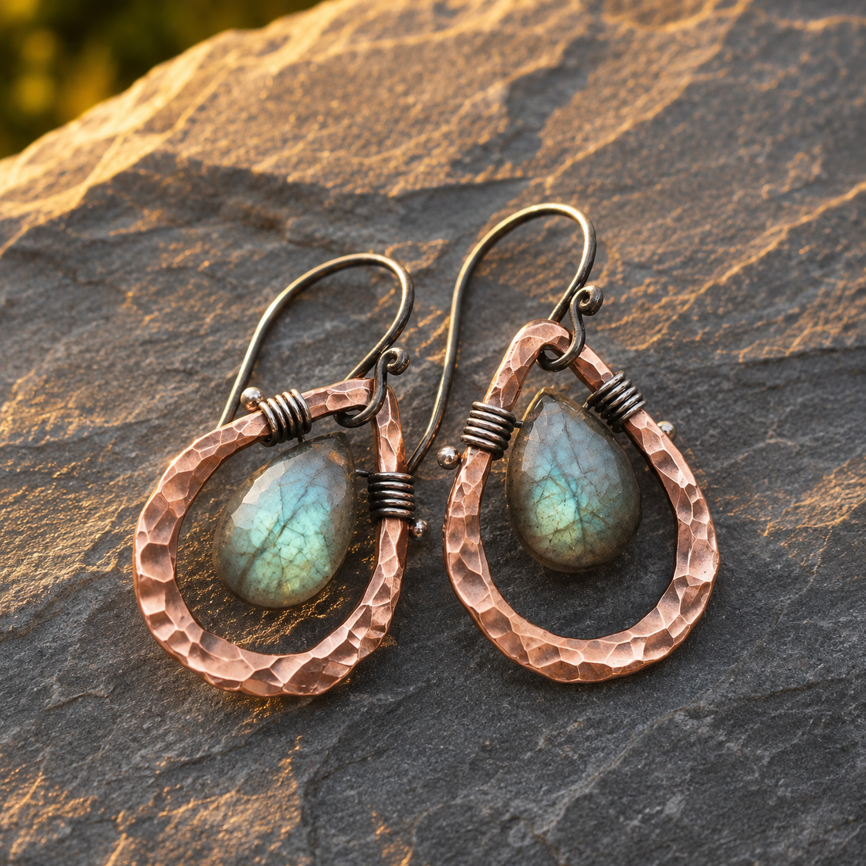 Natural Labradorite Hammered Copper Artisan Earrings