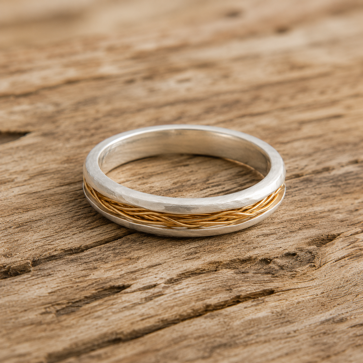 Handcrafted Pure Silver Ring, Accented with 18K Gold-Filled Wire