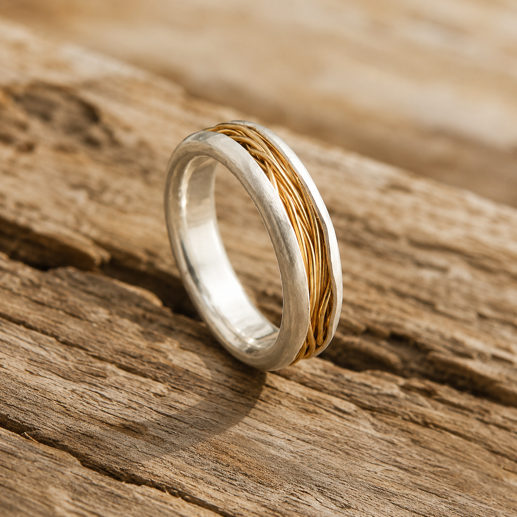 Handcrafted Pure Silver Ring, Accented with 18K Gold-Filled Wire