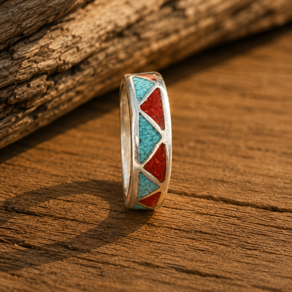 Handcrafted Sterling Silver Turquoise & Red Agate Inlay Ring