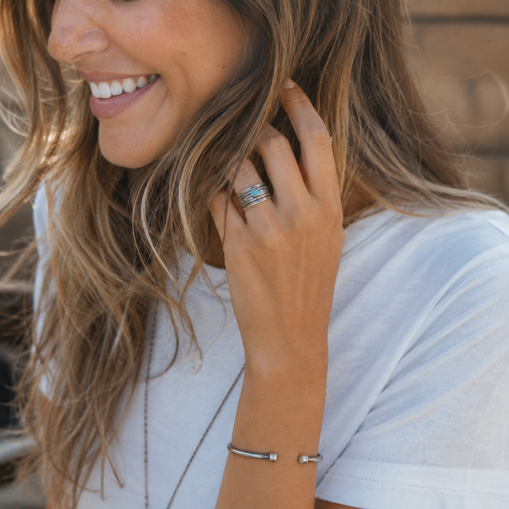 Personalized Oxidized Silver Turquoise Multi-Band Ring Set – Free Custom Engraving