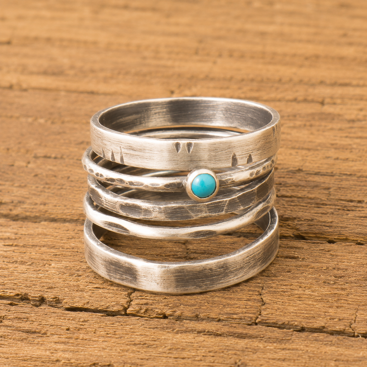 Personalized Oxidized Silver Turquoise Multi-Band Ring Set – Free Custom Engraving