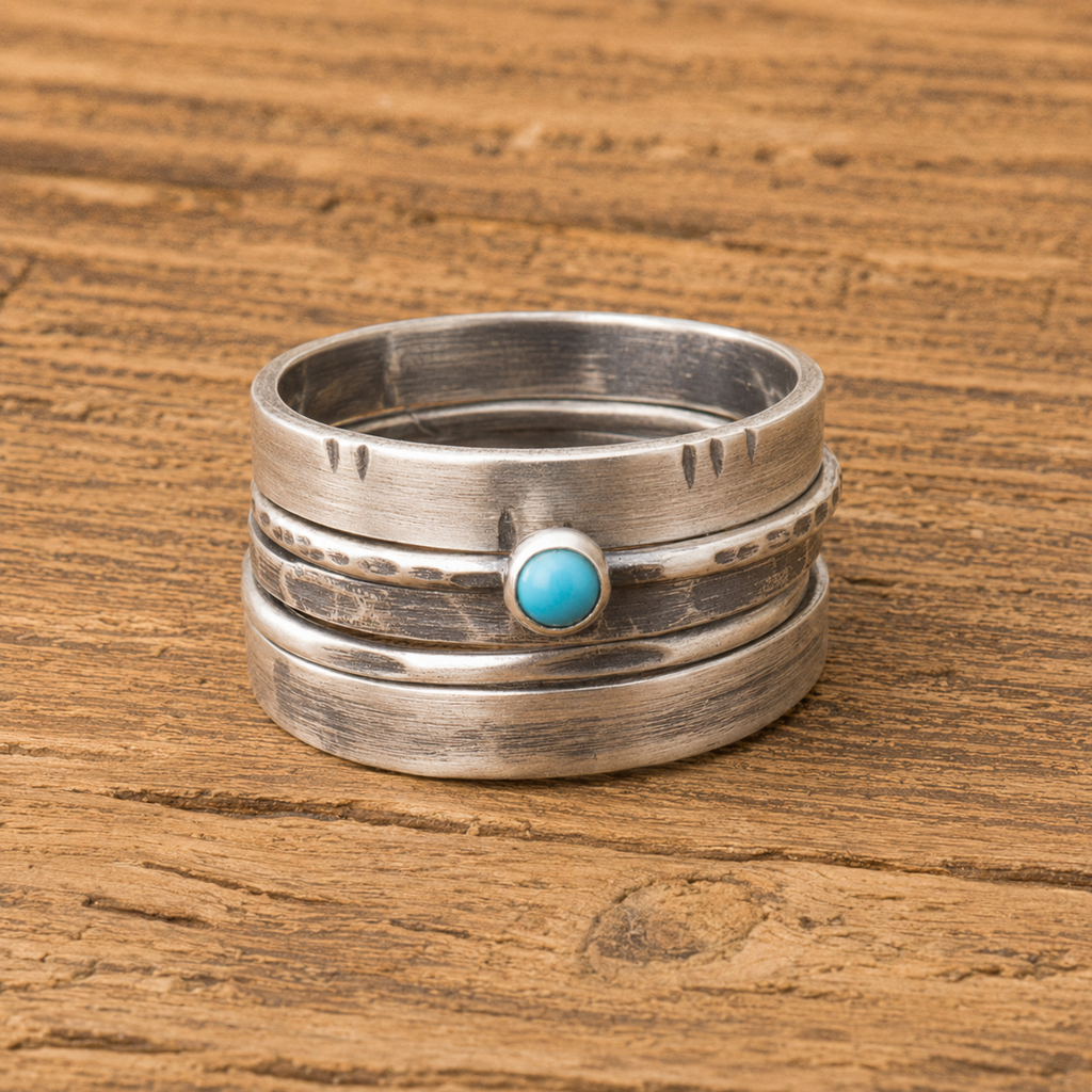 Personalized Oxidized Silver Turquoise Multi-Band Ring Set – Free Custom Engraving