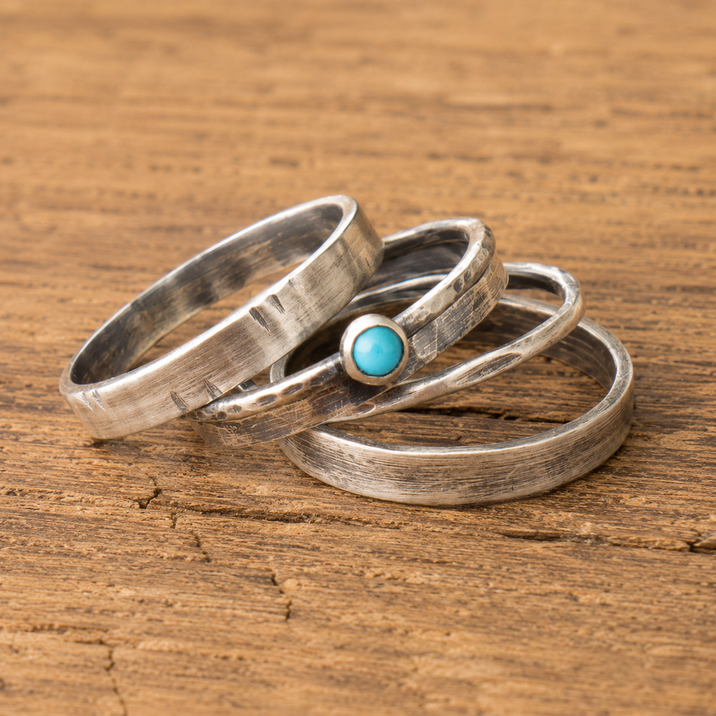 Personalized Oxidized Silver Turquoise Multi-Band Ring Set – Free Custom Engraving