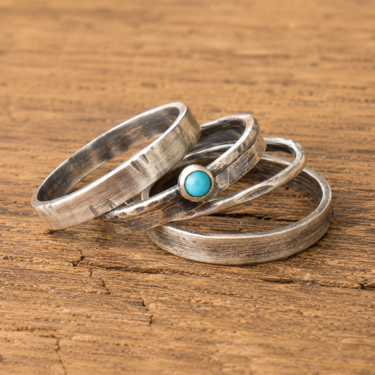 Personalized Oxidized Silver Turquoise Multi-Band Ring Set – Free Custom Engraving