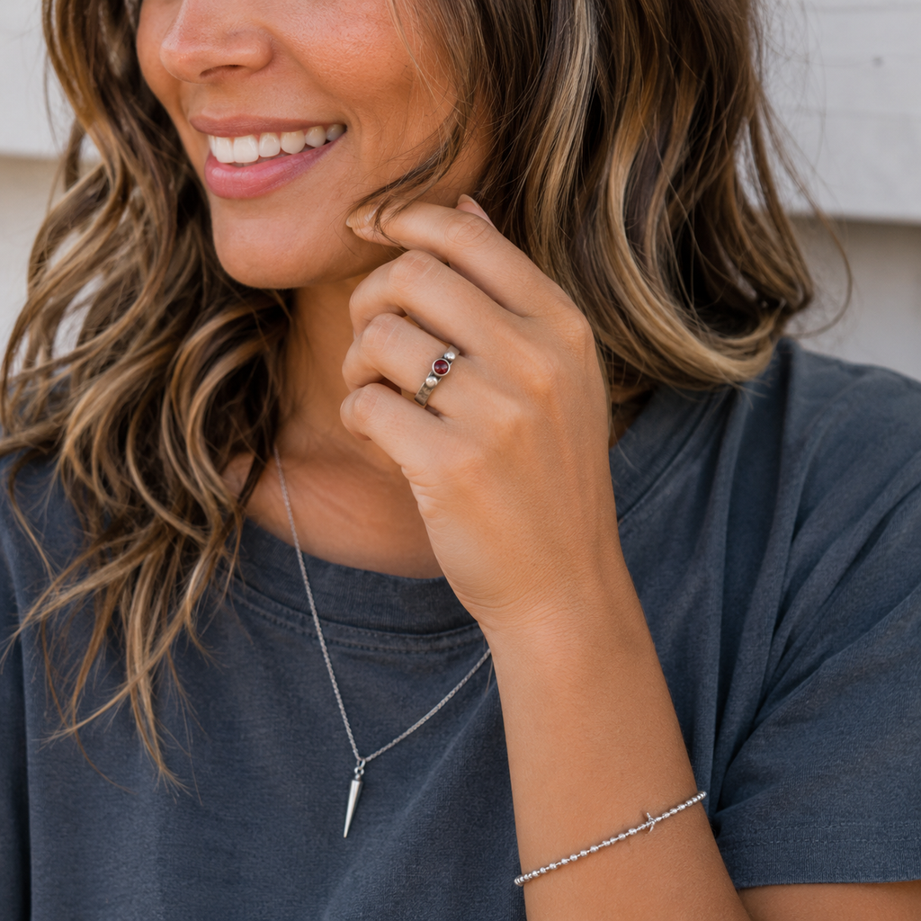 Handmade Hammered Sterling Silver Garnet Ring – Personalized Women’s Artisan Band