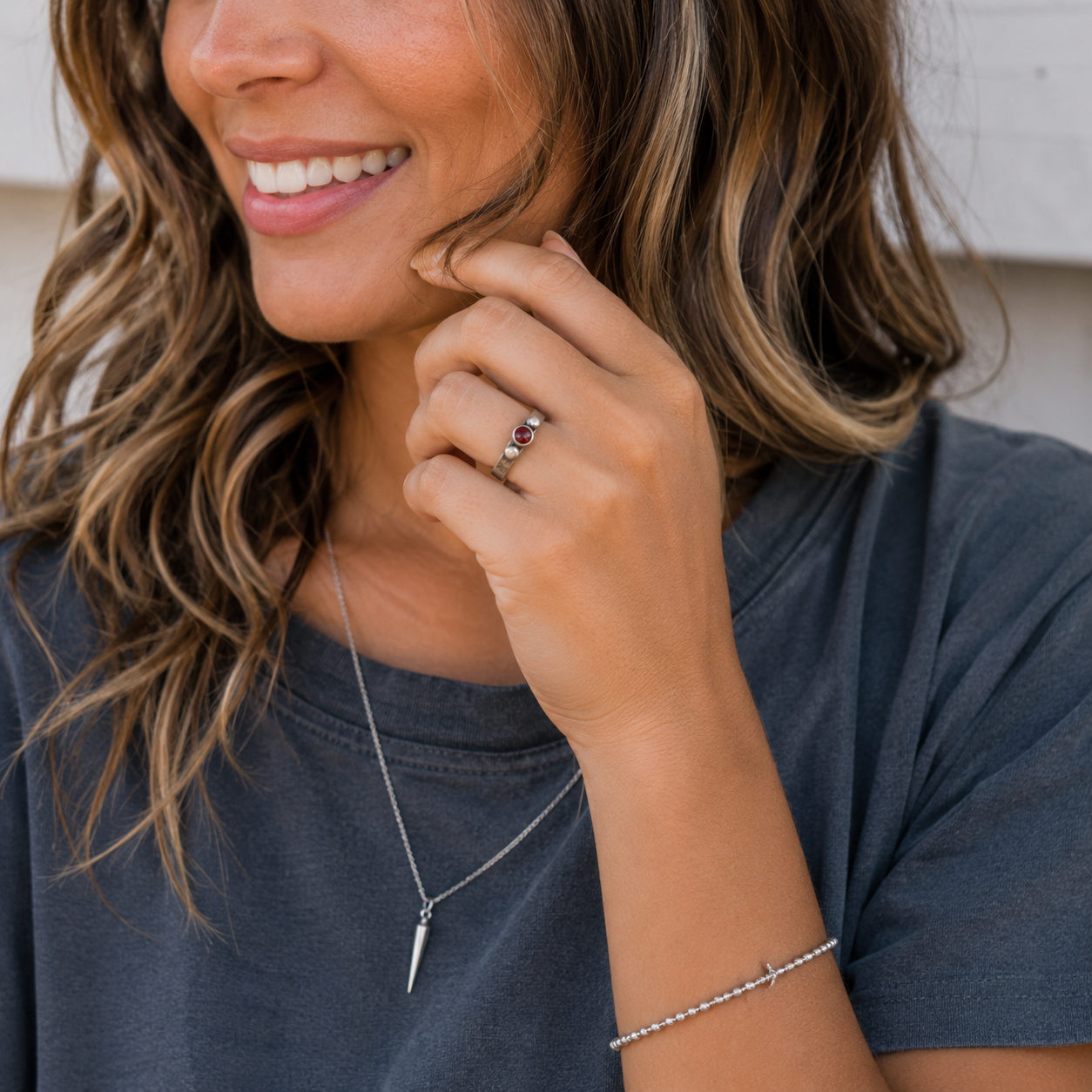 Handmade Hammered Sterling Silver Garnet Ring – Personalized Women’s Artisan Band
