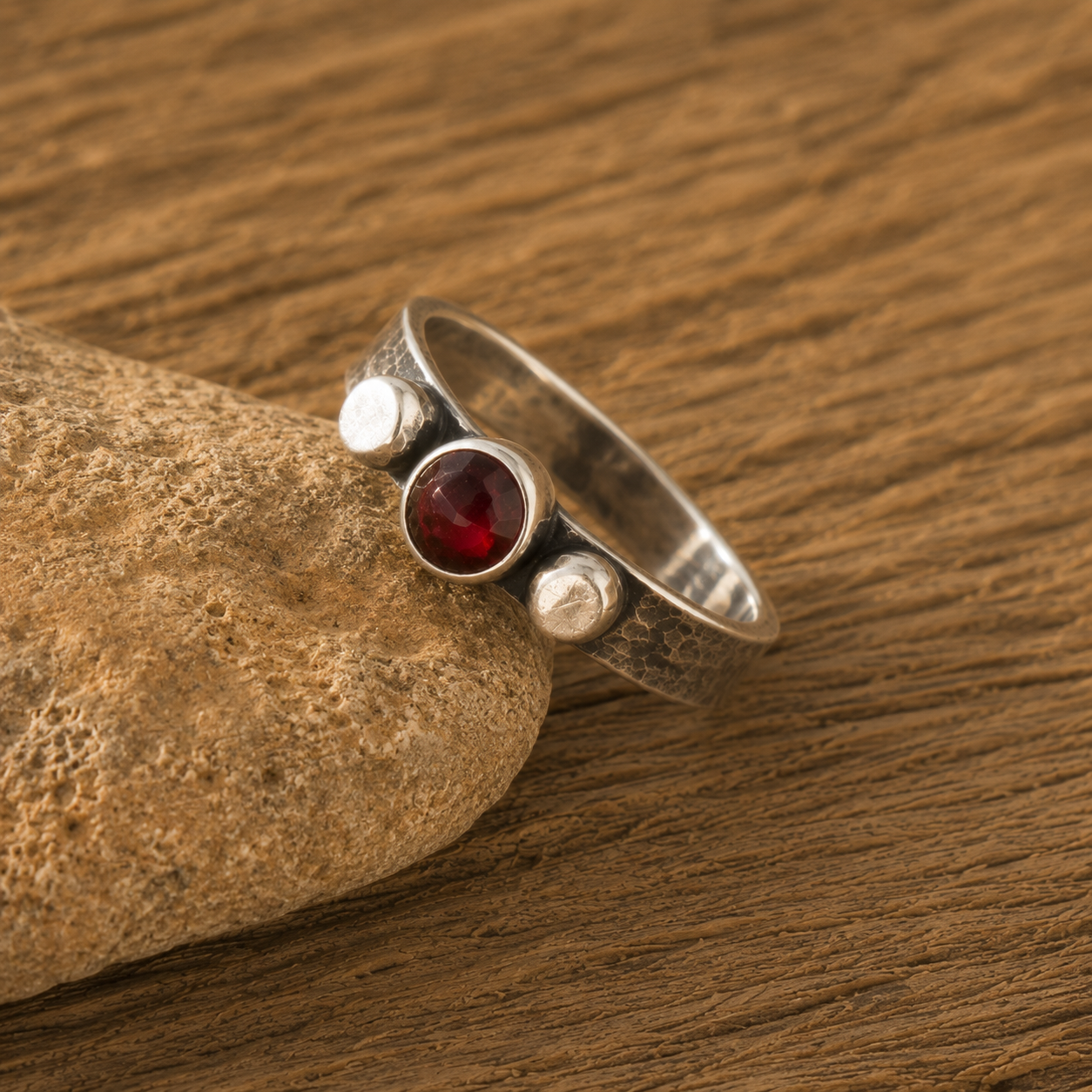 Handmade Hammered Sterling Silver Garnet Ring – Personalized Women’s Artisan Band
