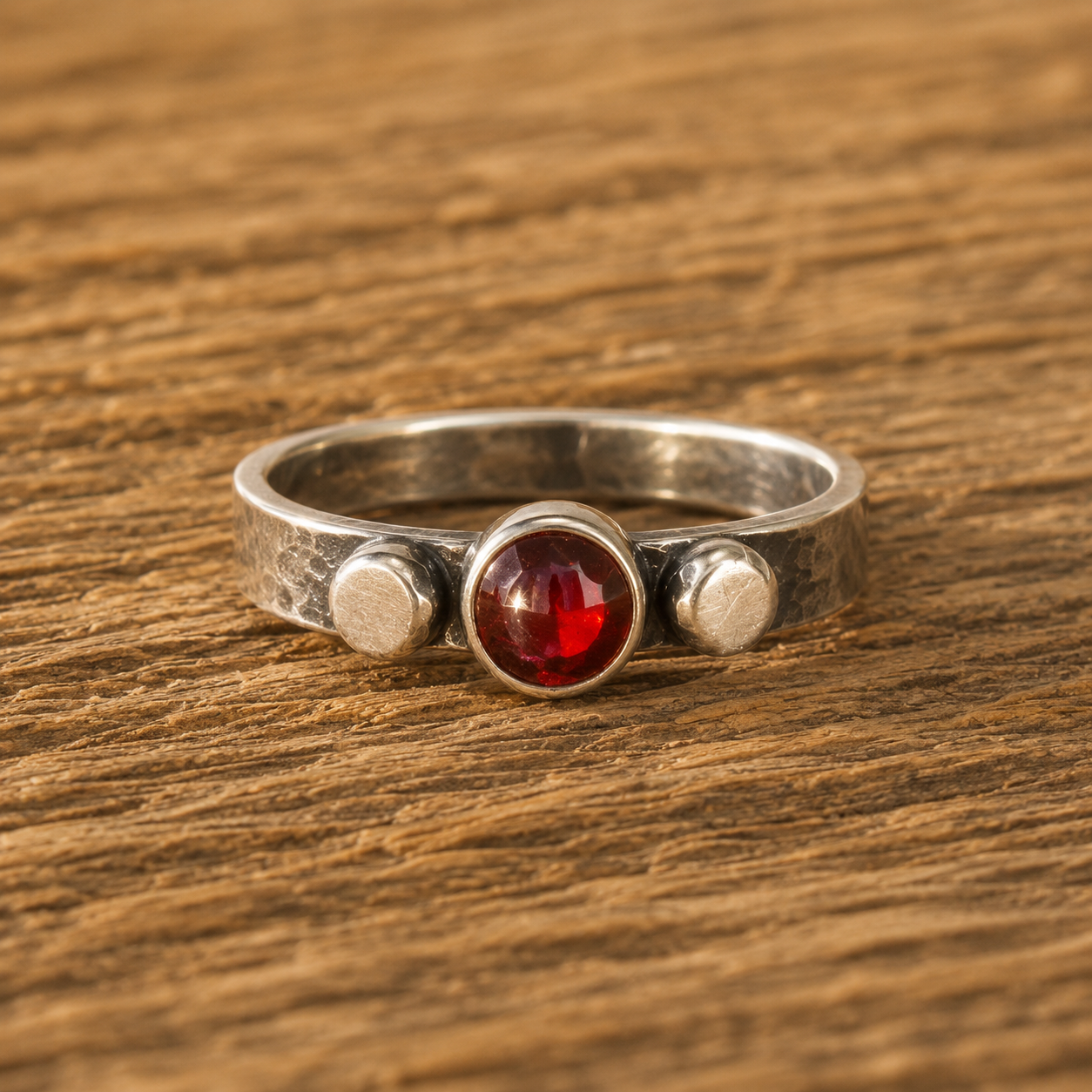 Handmade Hammered Sterling Silver Garnet Ring – Personalized Women’s Artisan Band