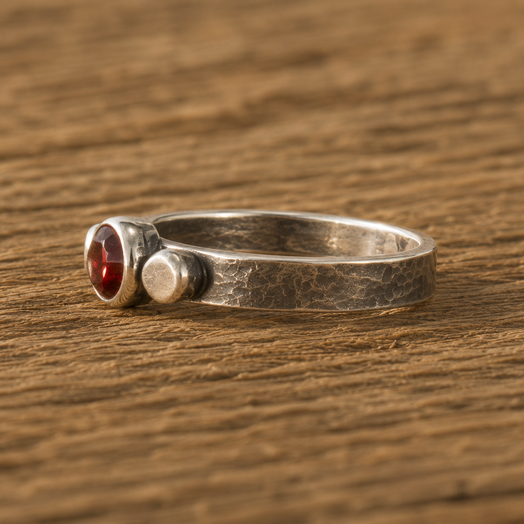 Handmade Hammered Sterling Silver Garnet Ring – Personalized Women’s Artisan Band