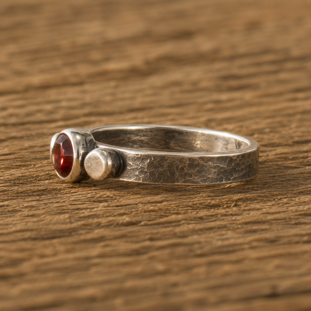 Handmade Hammered Sterling Silver Garnet Ring – Personalized Women’s Artisan Band