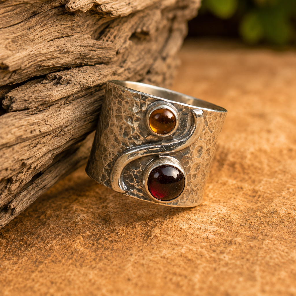 Handcrafted Vintage Sterling Silver Garnet & Citrine Ring