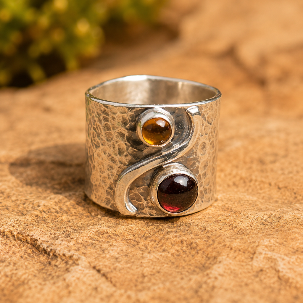 Handcrafted Vintage Sterling Silver Garnet & Citrine Ring