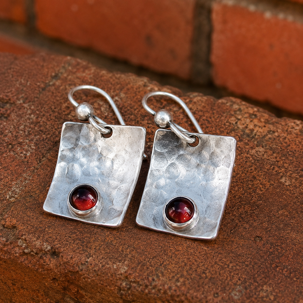 Handcrafted Hammered Sterling Silver Garnet Earrings
