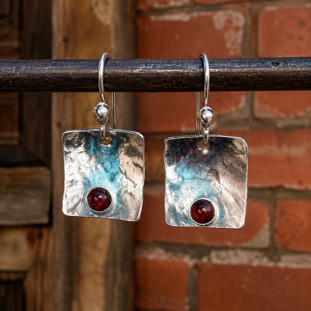 Handcrafted Hammered Sterling Silver Garnet Earrings