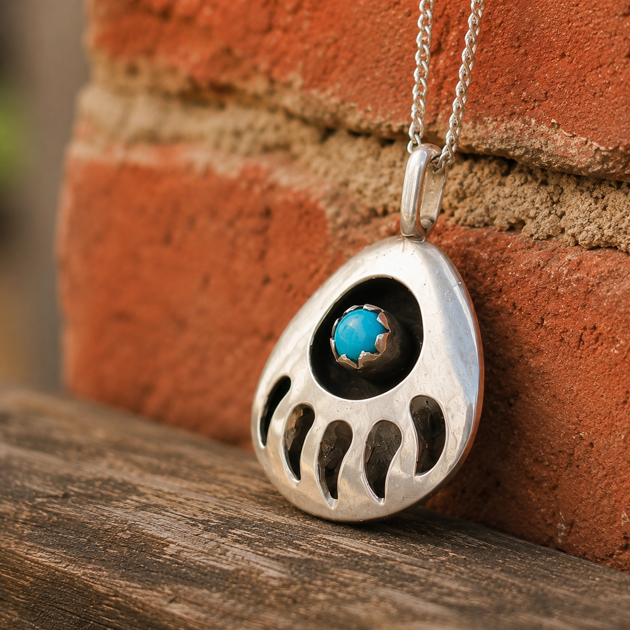 Handmade Navajo Bear Paw Turquoise Pendant Necklace