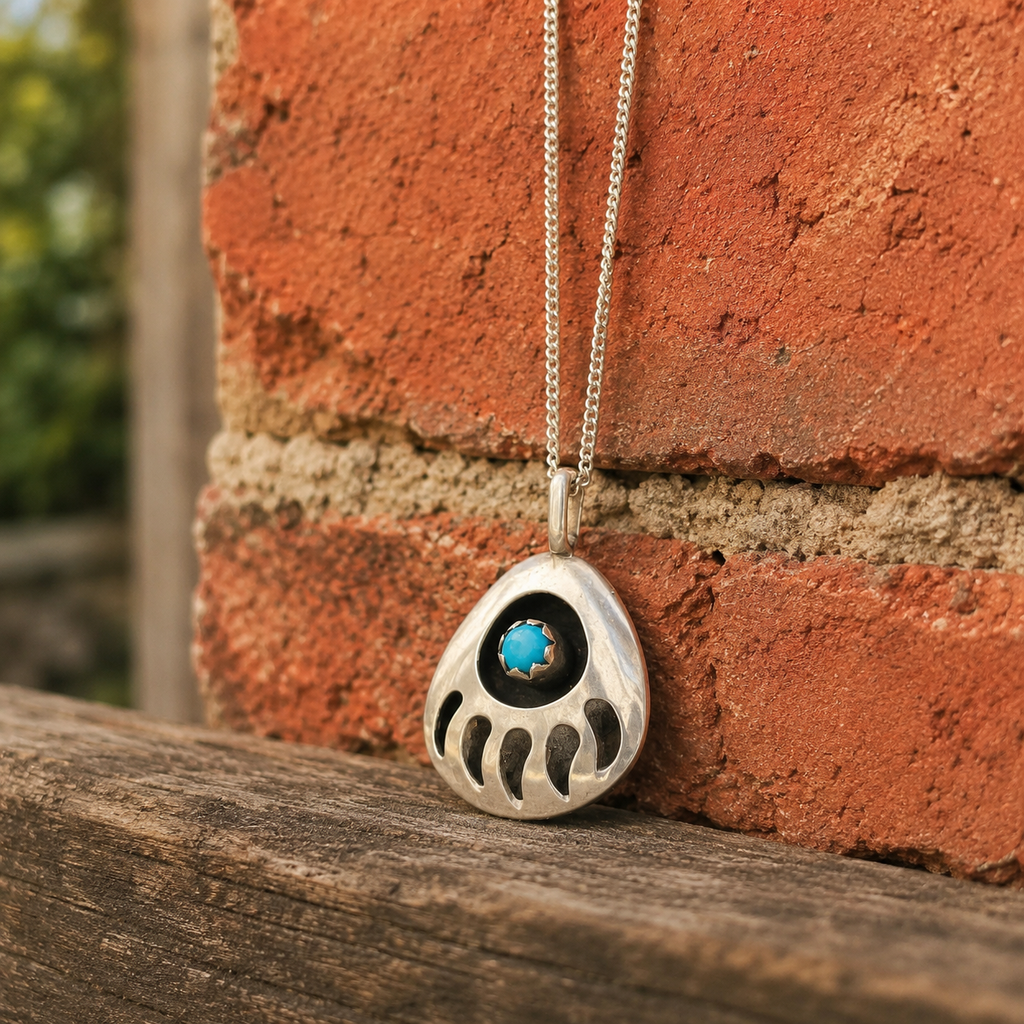 Handmade Navajo Bear Paw Turquoise Pendant Necklace