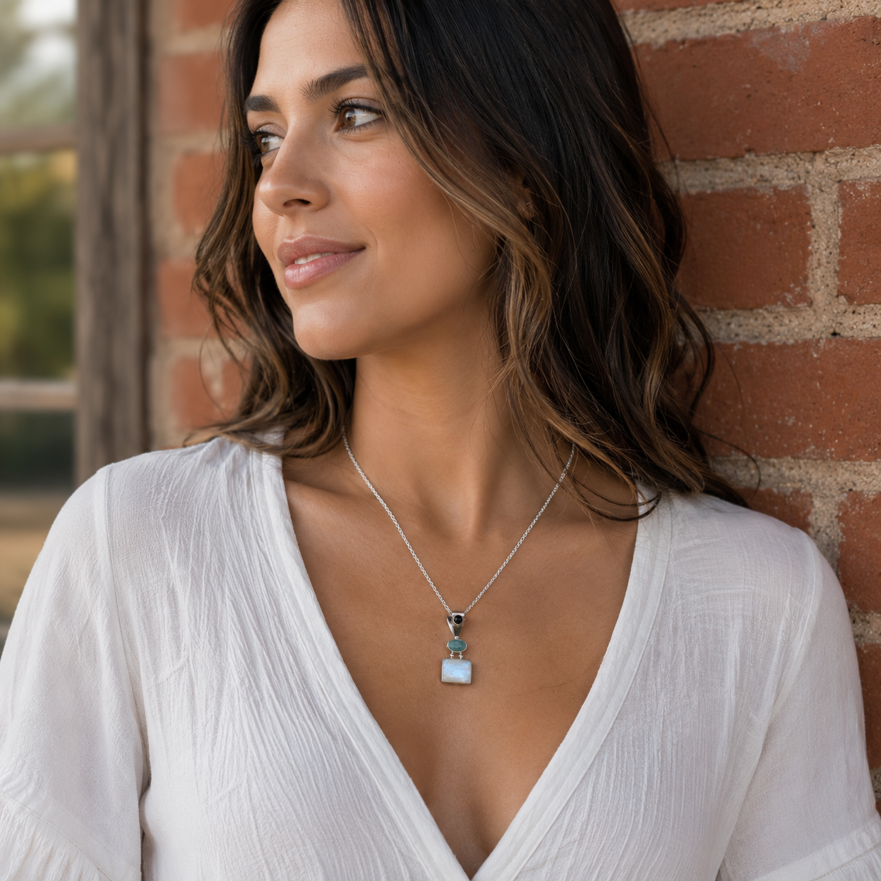 Handmade Sterling Silver Moonstone, Apatite & Black Onyx Pendant Necklace