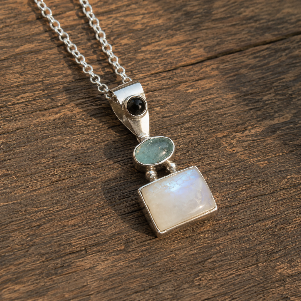 Handmade Sterling Silver Moonstone, Apatite & Black Onyx Pendant Necklace