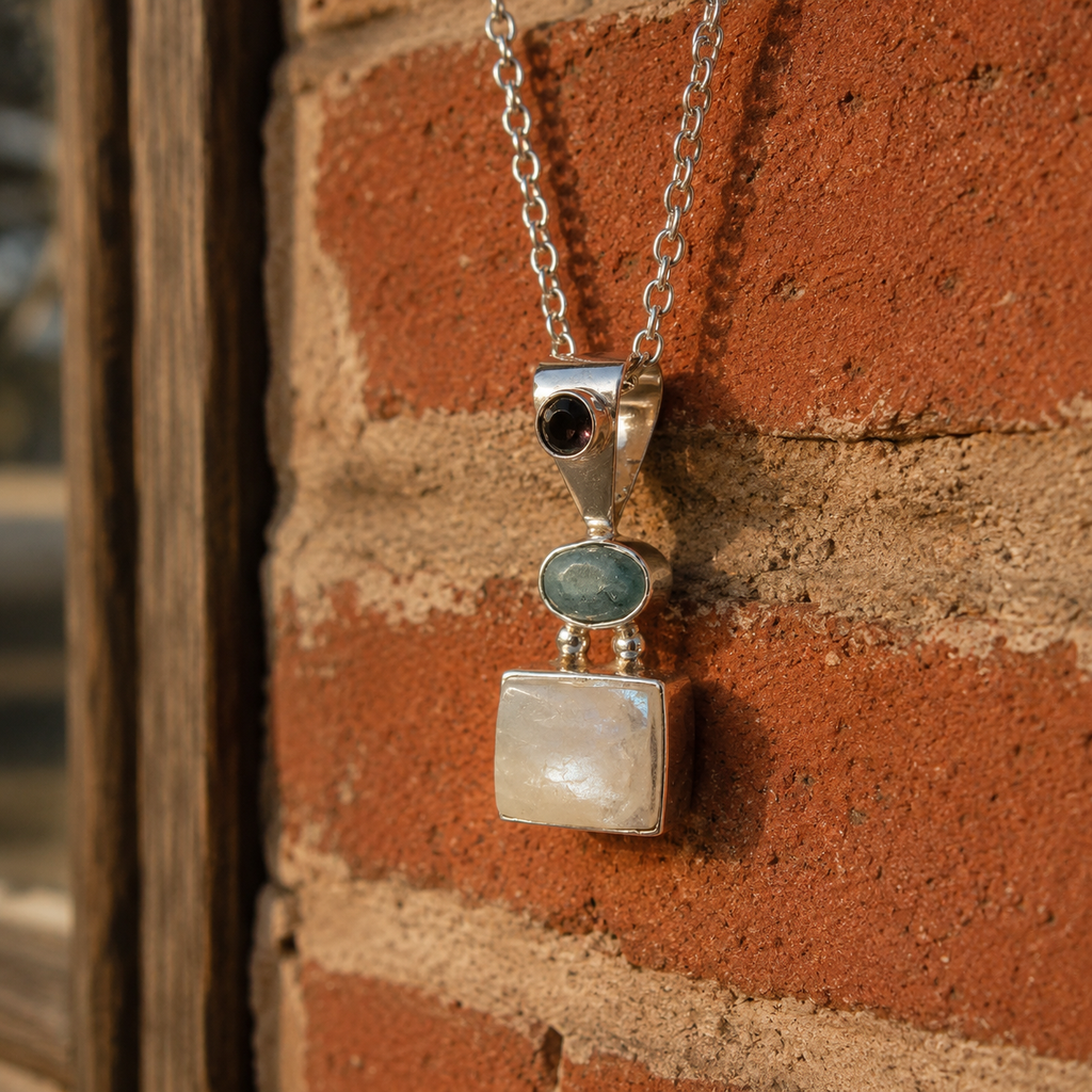 Handmade Sterling Silver Moonstone, Apatite & Black Onyx Pendant Necklace