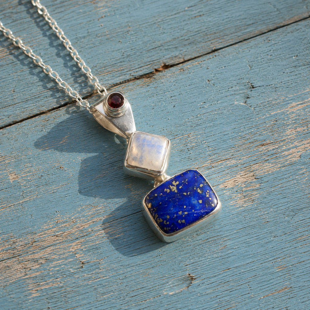 Handmade Sterling Silver Moonstone, Lapis Lazuli & Garnet Pendant Necklace