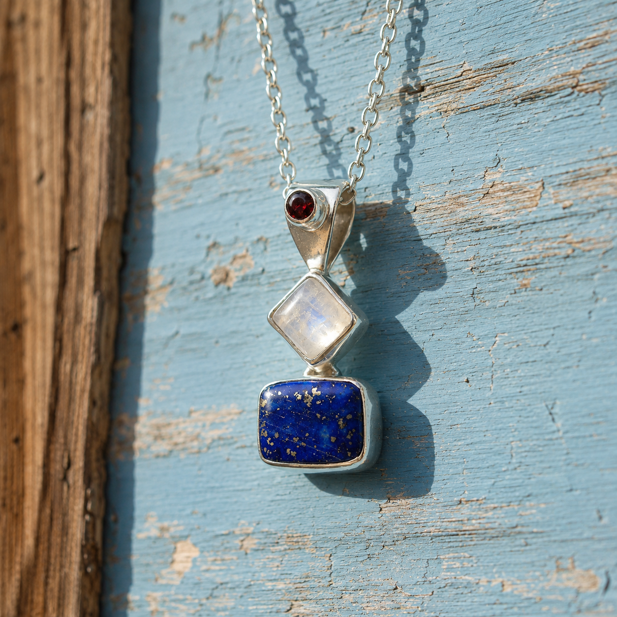 Handmade Sterling Silver Moonstone, Lapis Lazuli & Garnet Pendant Necklace