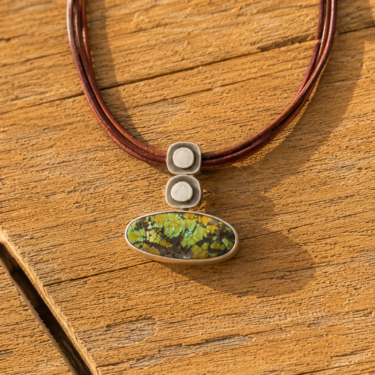 Natural Turquoise Pendant on Multi-Strand Leather Cord | Handmade Sterling Silver Jewelry for Women