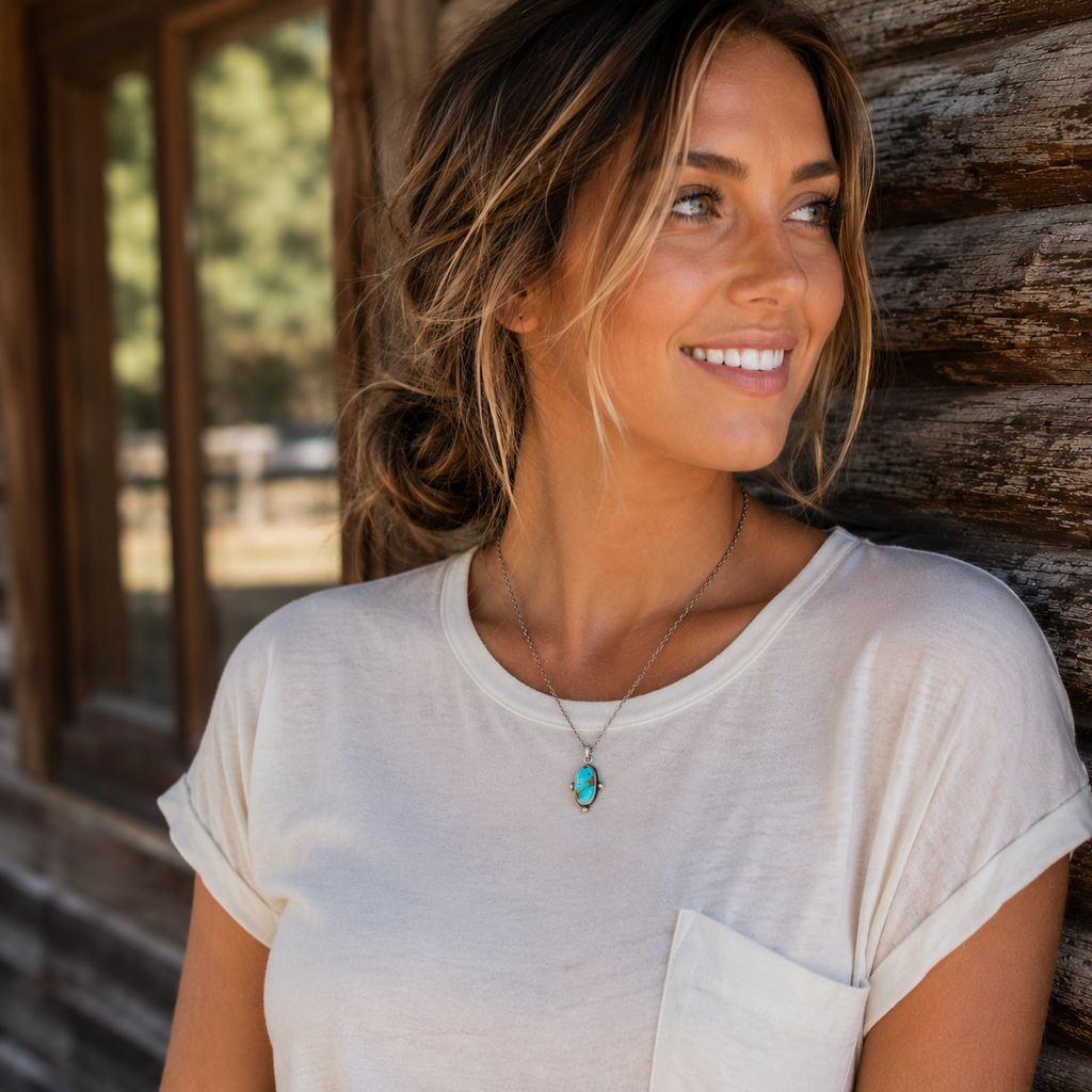 Handcrafted Royston Turquoise Pendant Necklace in Solid Sterling Silver | Personalized Engraved Necklace for Women