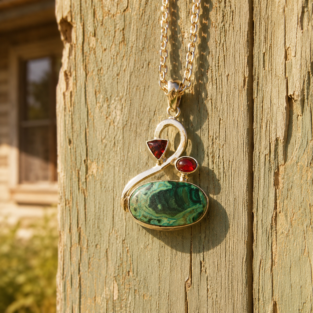 Handcrafted Malachite & Garnet Sterling Silver Necklace