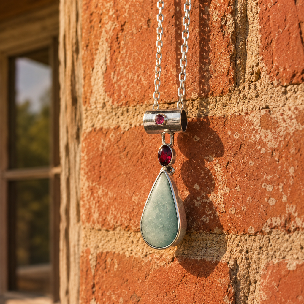 Handcrafted Amazonite, Garnet & Crystal Sterling Silver Necklace