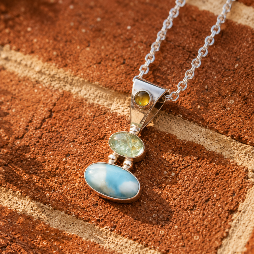 Handcrafted Larimar, Apatite & Opal Sterling Silver Necklace