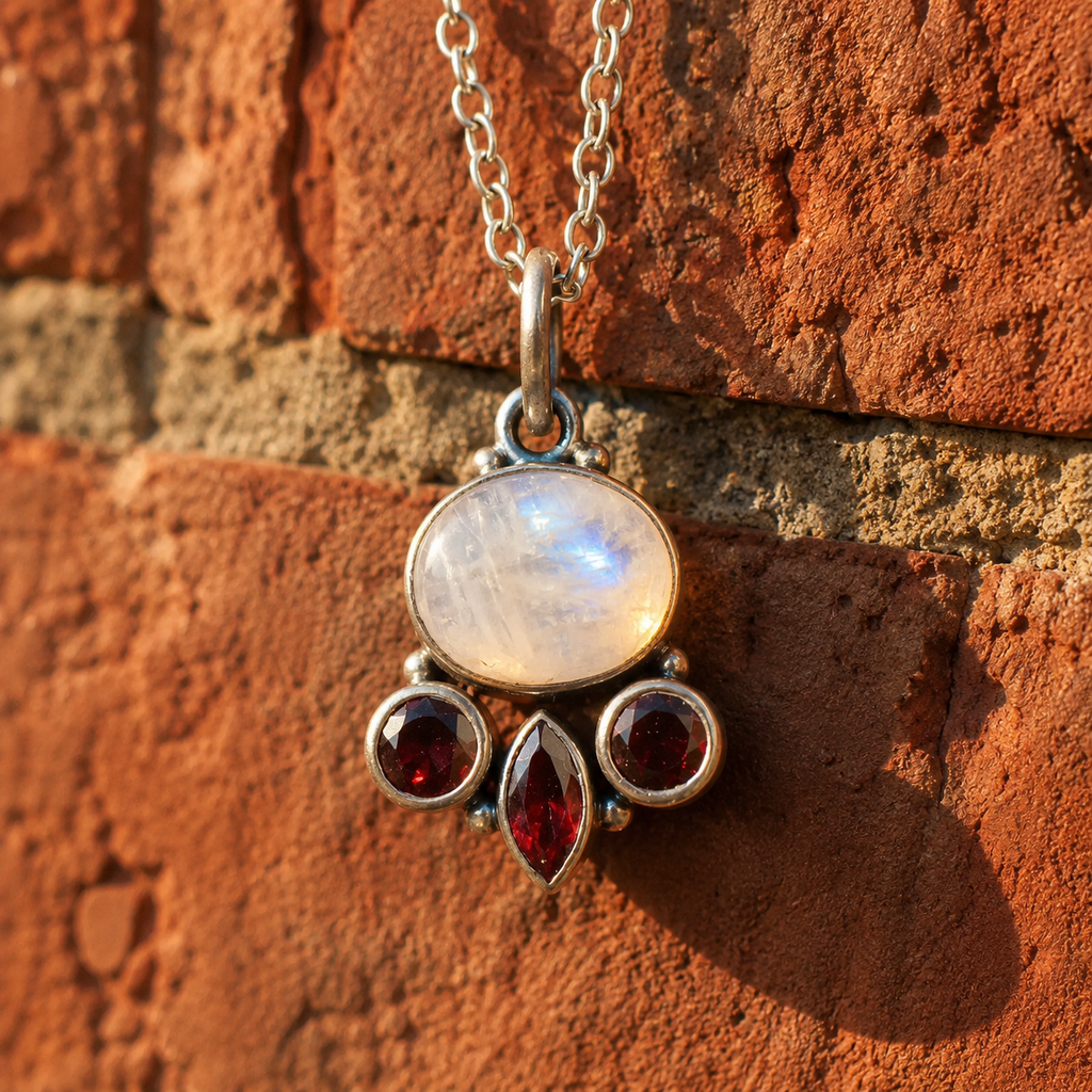 Handcrafted Moonstone & Garnet Sterling Silver Necklace