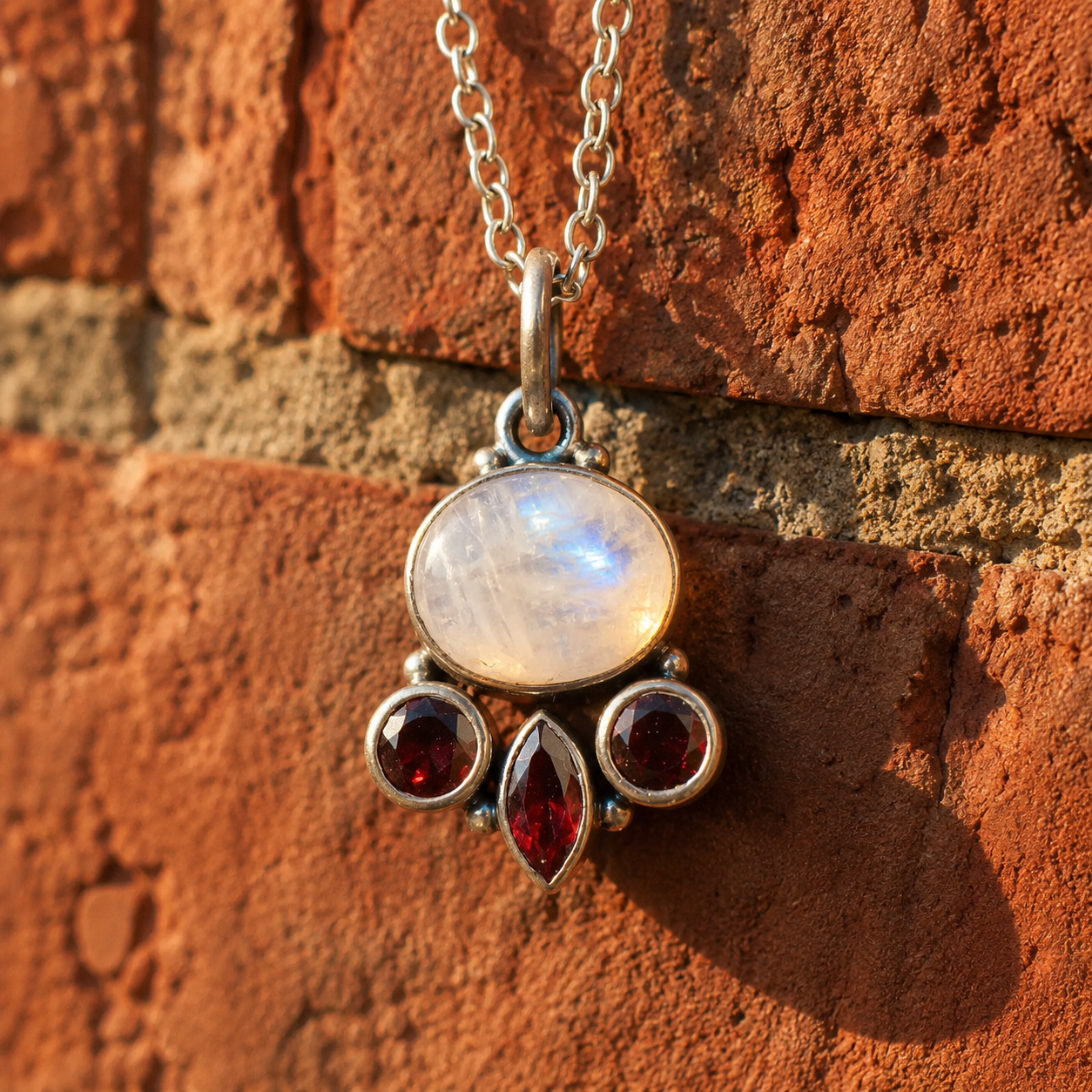 Handcrafted Moonstone & Garnet Sterling Silver Necklace