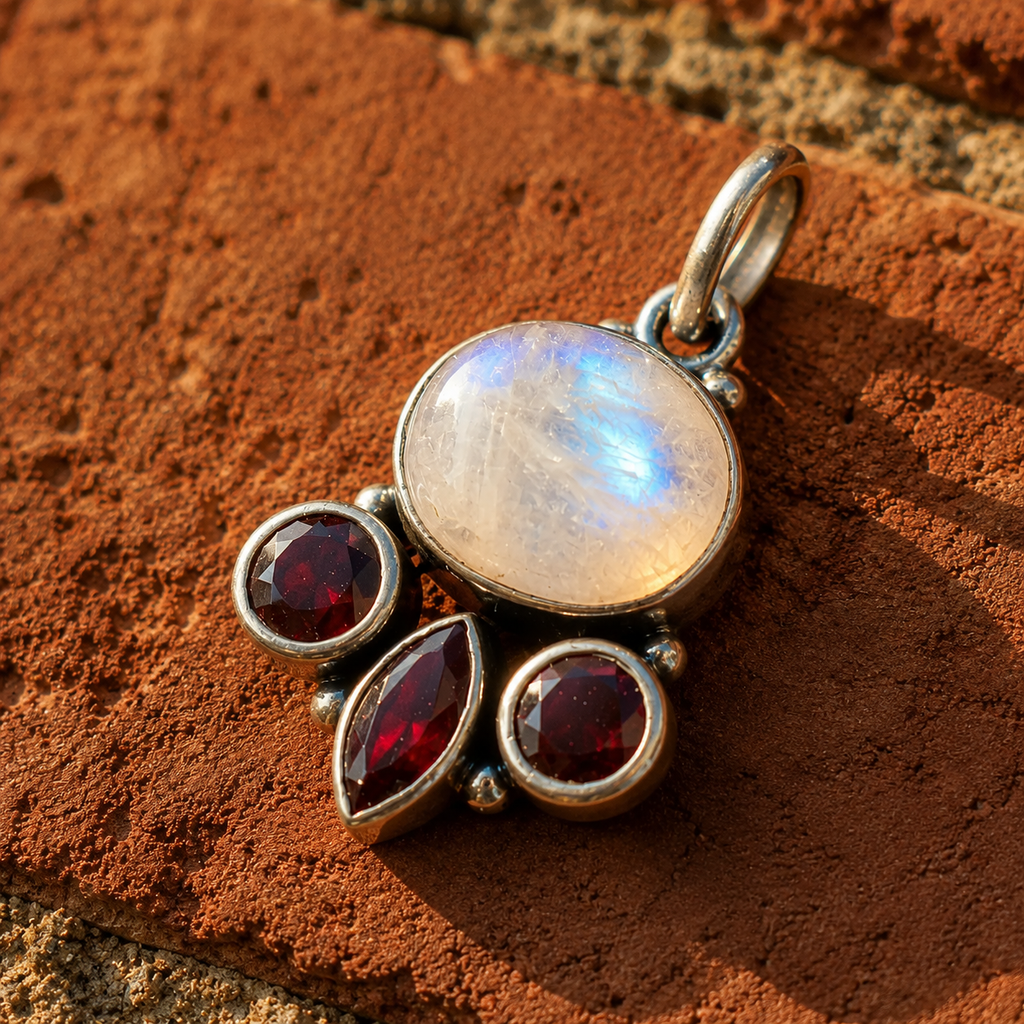Handcrafted Moonstone & Garnet Sterling Silver Necklace