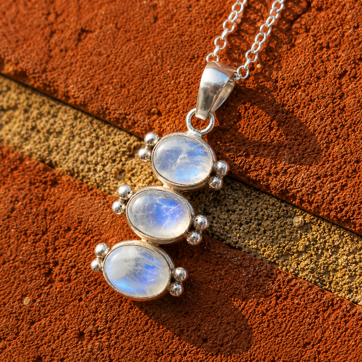 Handcrafted Triple Moonstone Sterling Silver Necklace