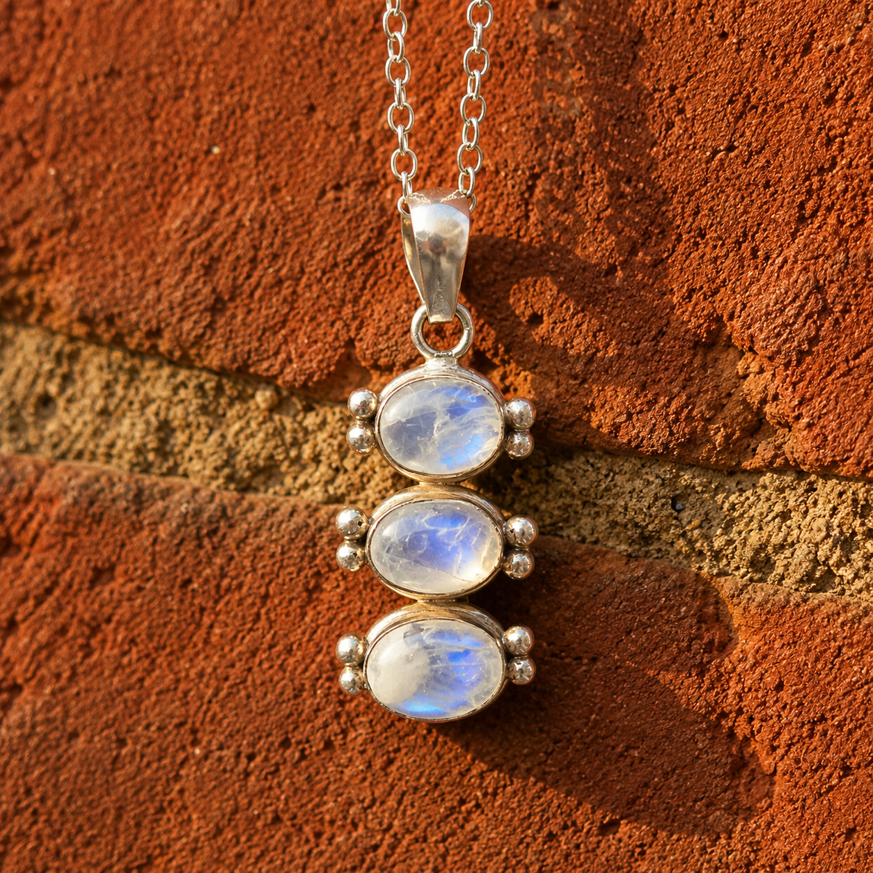 Handcrafted Triple Moonstone Sterling Silver Necklace
