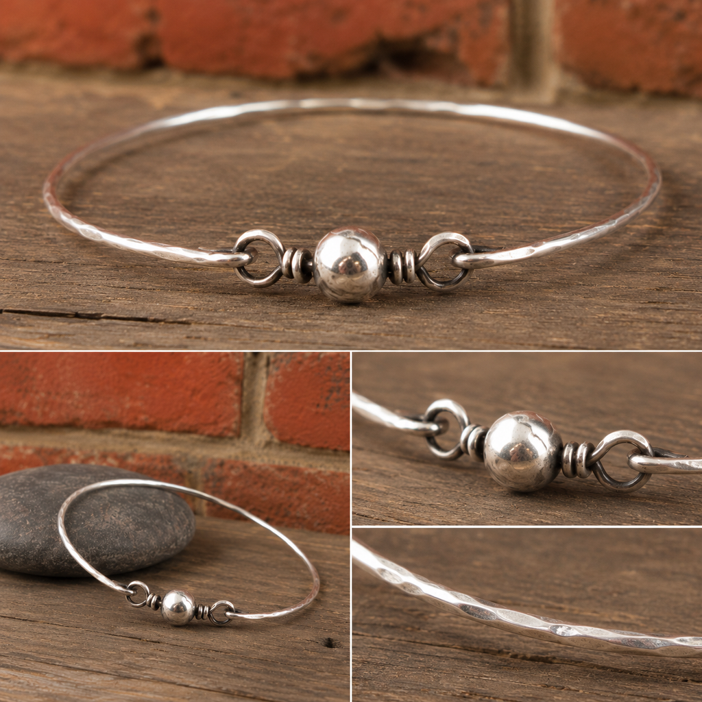 Handcrafted Hammered Sterling Silver Bead Bangle