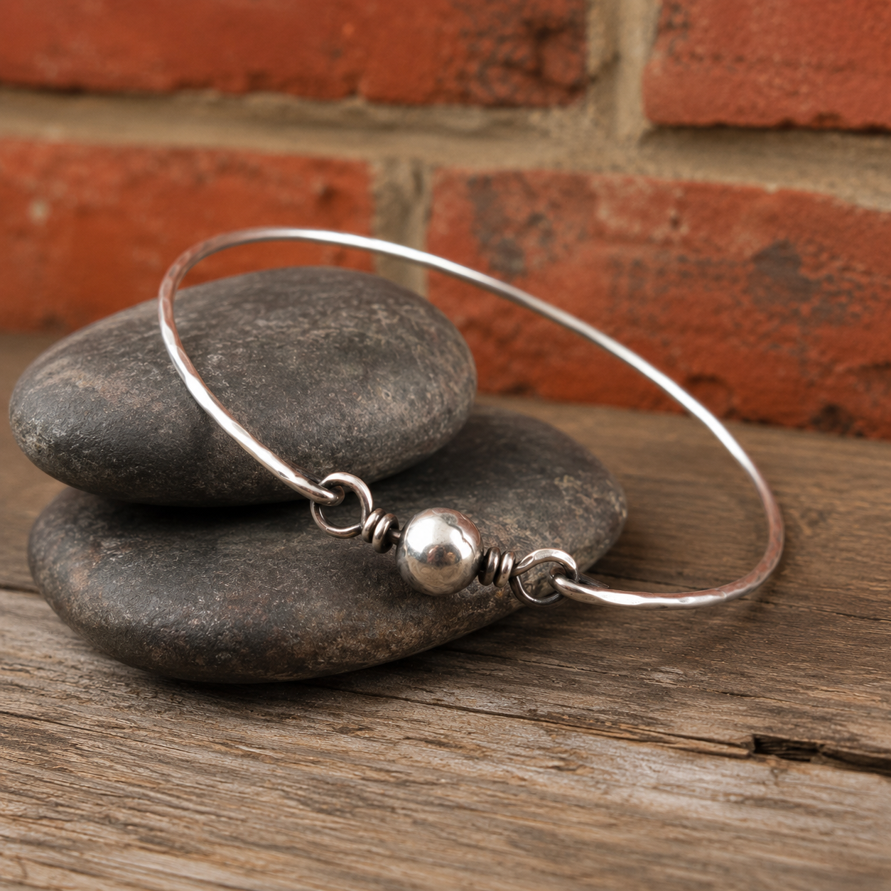 Handcrafted Hammered Sterling Silver Bead Bangle